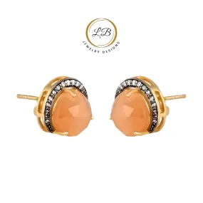 Crescent Moon Peach Moonstone Gold and Rhodium Stud Earrings