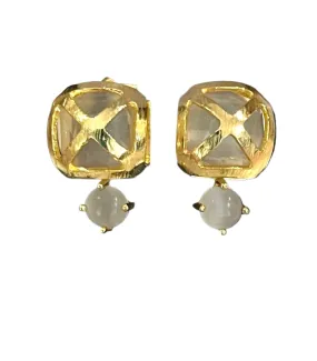 Criss Cross White Moonstone Gemstone Gold Stud Earrings 1”