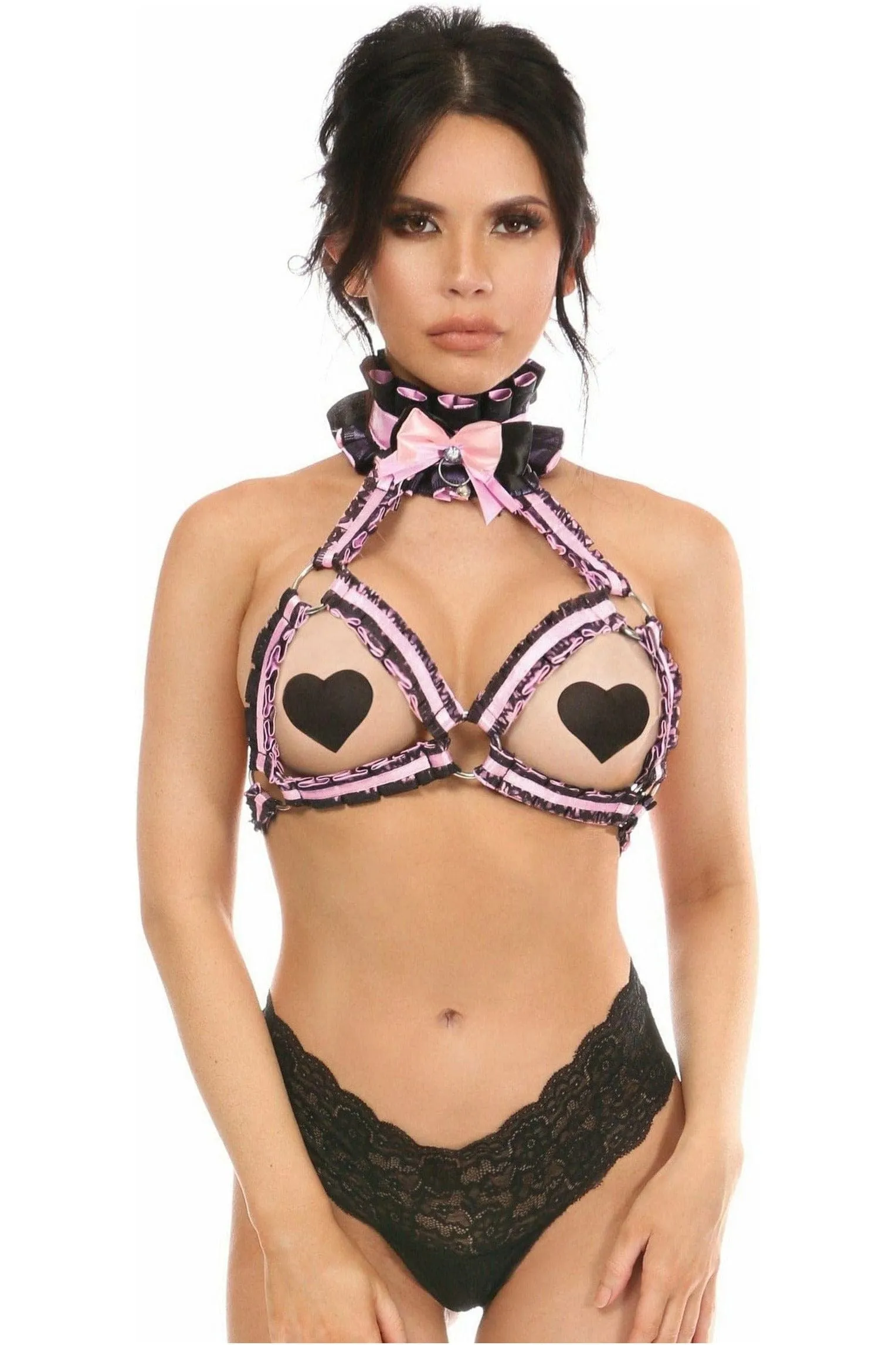 Daisy Corsets Kitten Collection Lt Pink/Black Lace Bra Top Body Harness