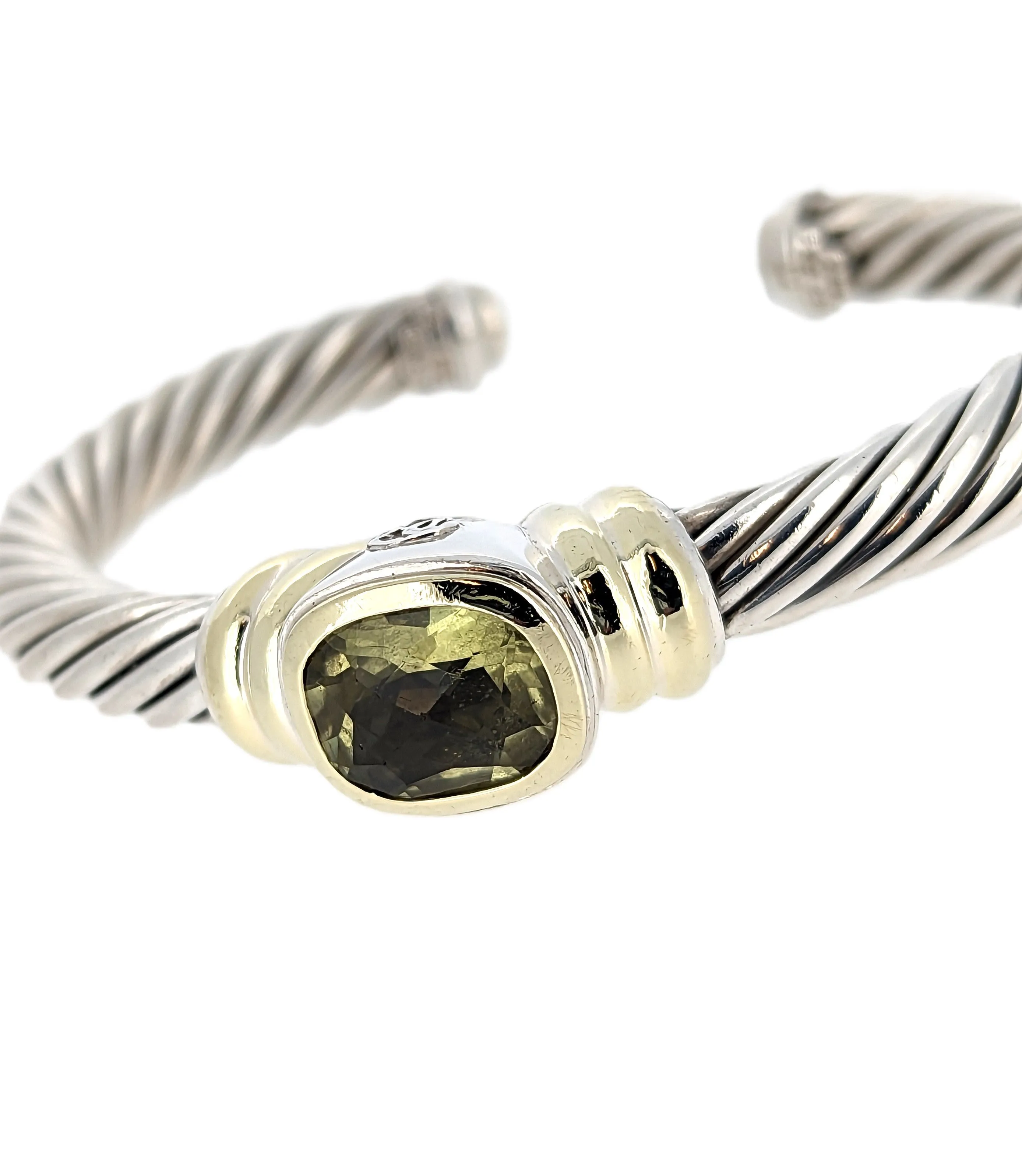 David Yurman Sterling Silver & 14K Yellow Gold Peridot Cable Cuff Bracelet