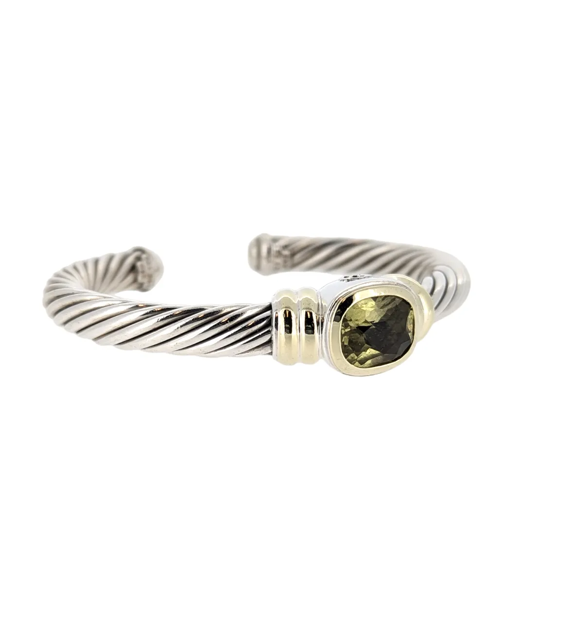 David Yurman Sterling Silver & 14K Yellow Gold Peridot Cable Cuff Bracelet