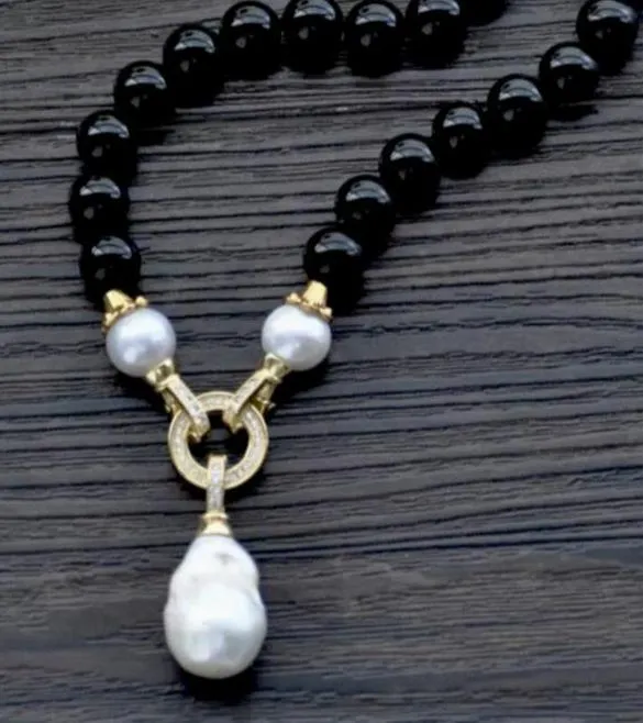 Detachable Keshi Pearl Drop & Black Onyx Gemstone Double-Knotted Statement Necklace 18"