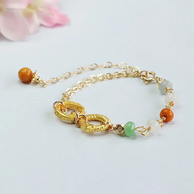 Double Ring Jade Dragon Phoenix Bracelet with Three Color Abacus Beads