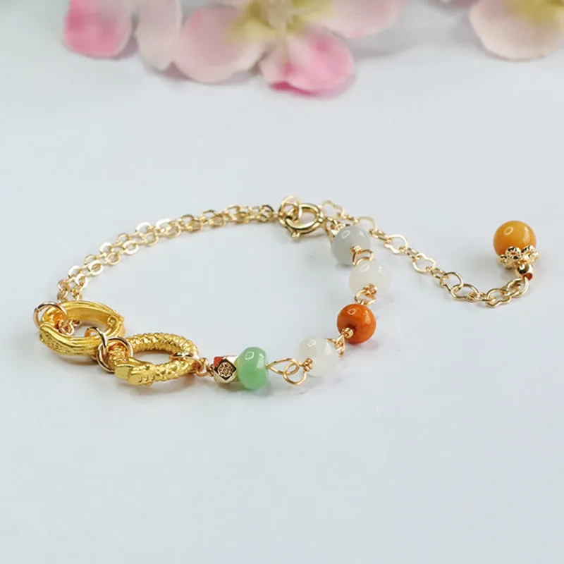 Double Ring Jade Dragon Phoenix Bracelet with Three Color Abacus Beads