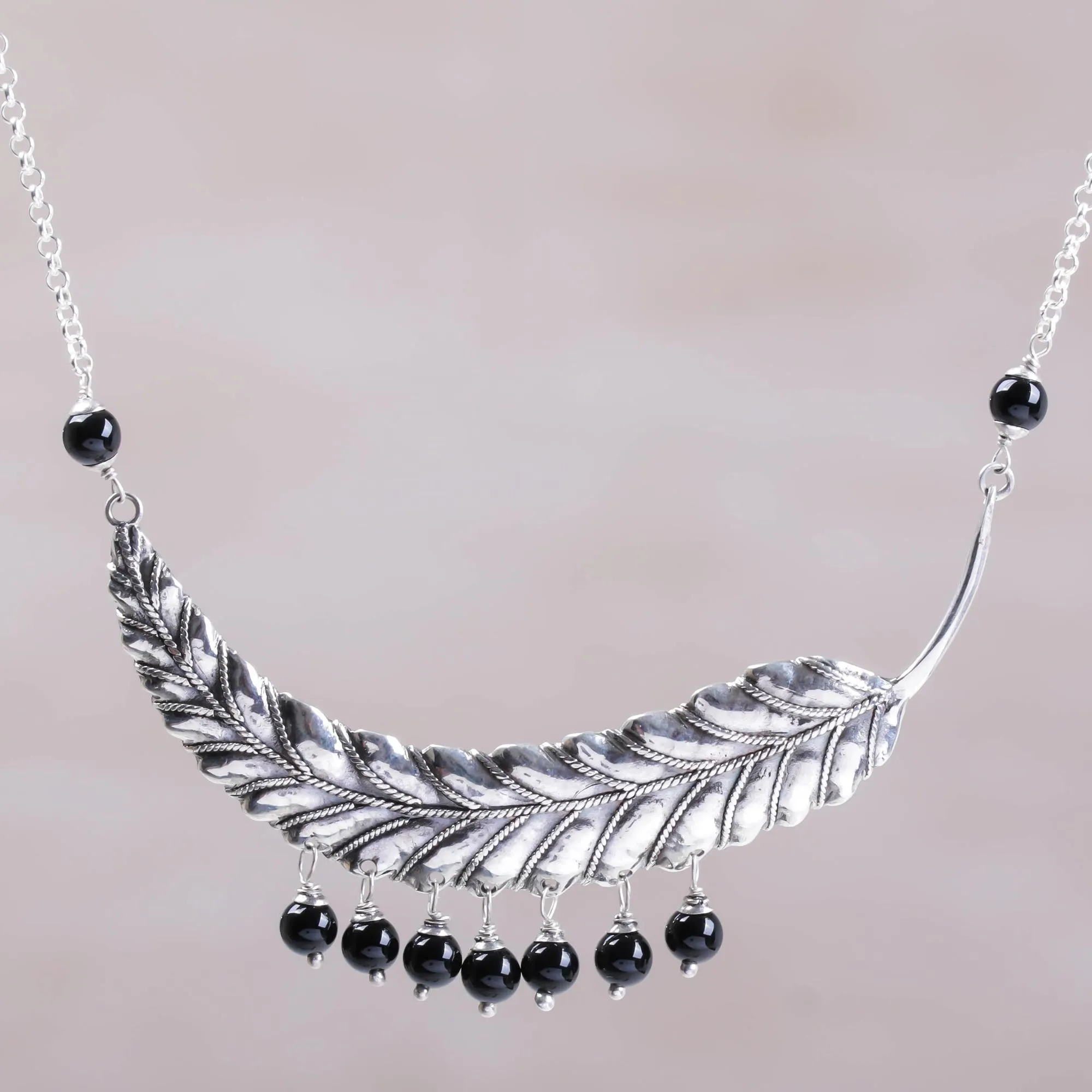 Dusky Dew Sterling Silver and Onyx Leaf Pendant Necklace from Bali