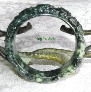 Dynasty Collection-"Starlings and Peonies Wealth and Status" Deep Green Carved Jade Bangle 58.5mm (DC111)