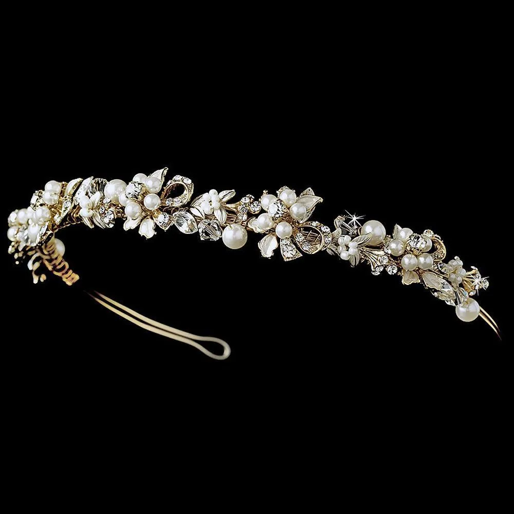 Elegant Gold Flower Leaf Garden Pearl Crystal Pearl Headband