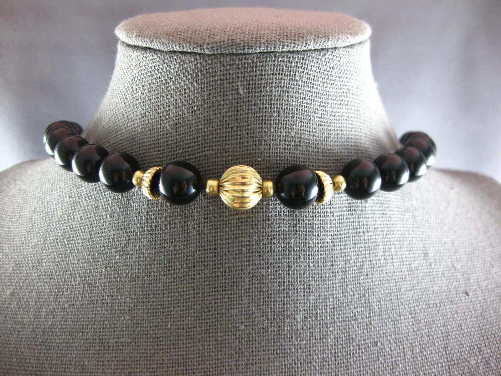 ESTATE EXTRA LONG & LARGE AAA ONYX 14KT YELLOW GOLD 3D BEAD NECKLACE #27195