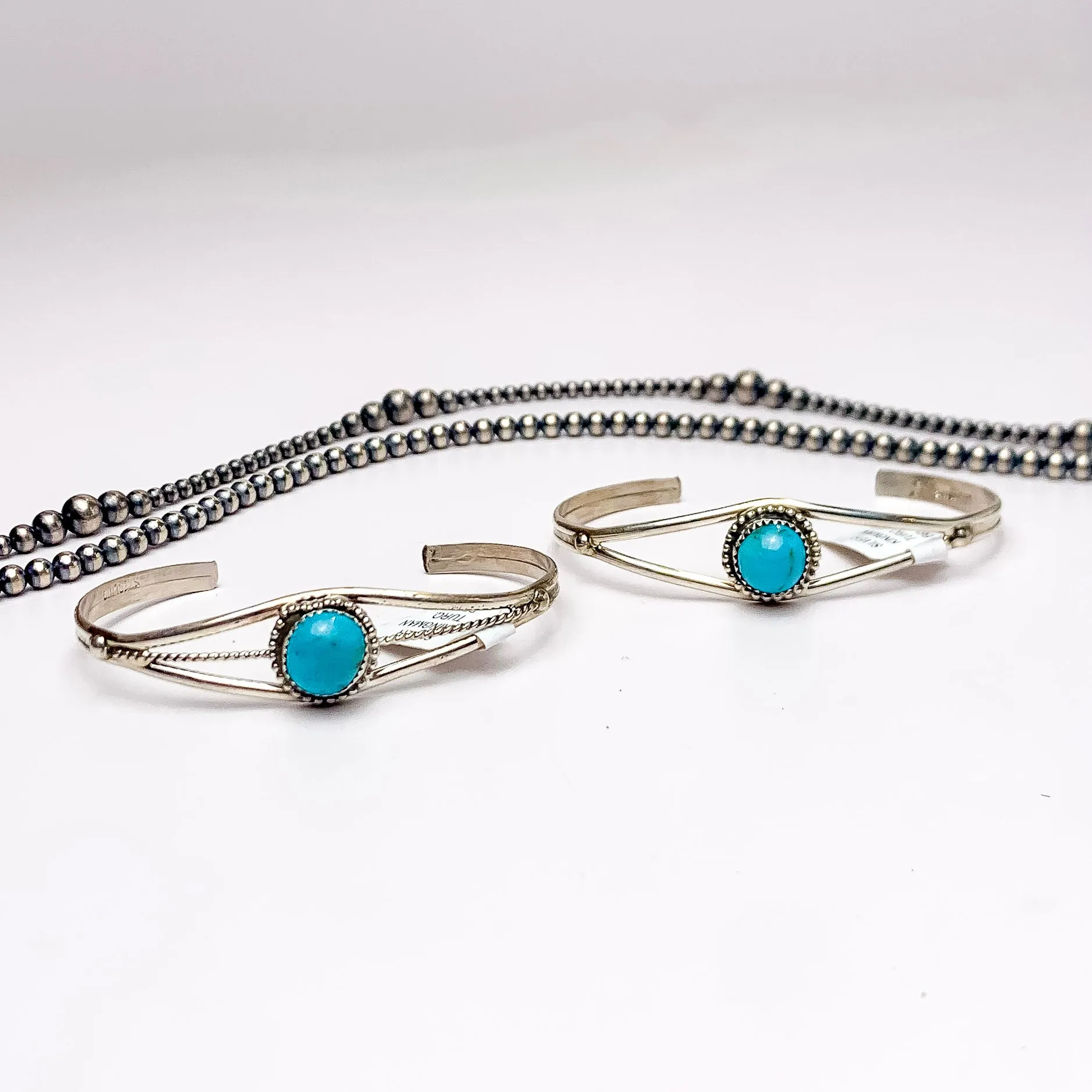 Esther White | Navajo Handmade Detailed Sterling Silver Cuff with Center Turquoise Stone