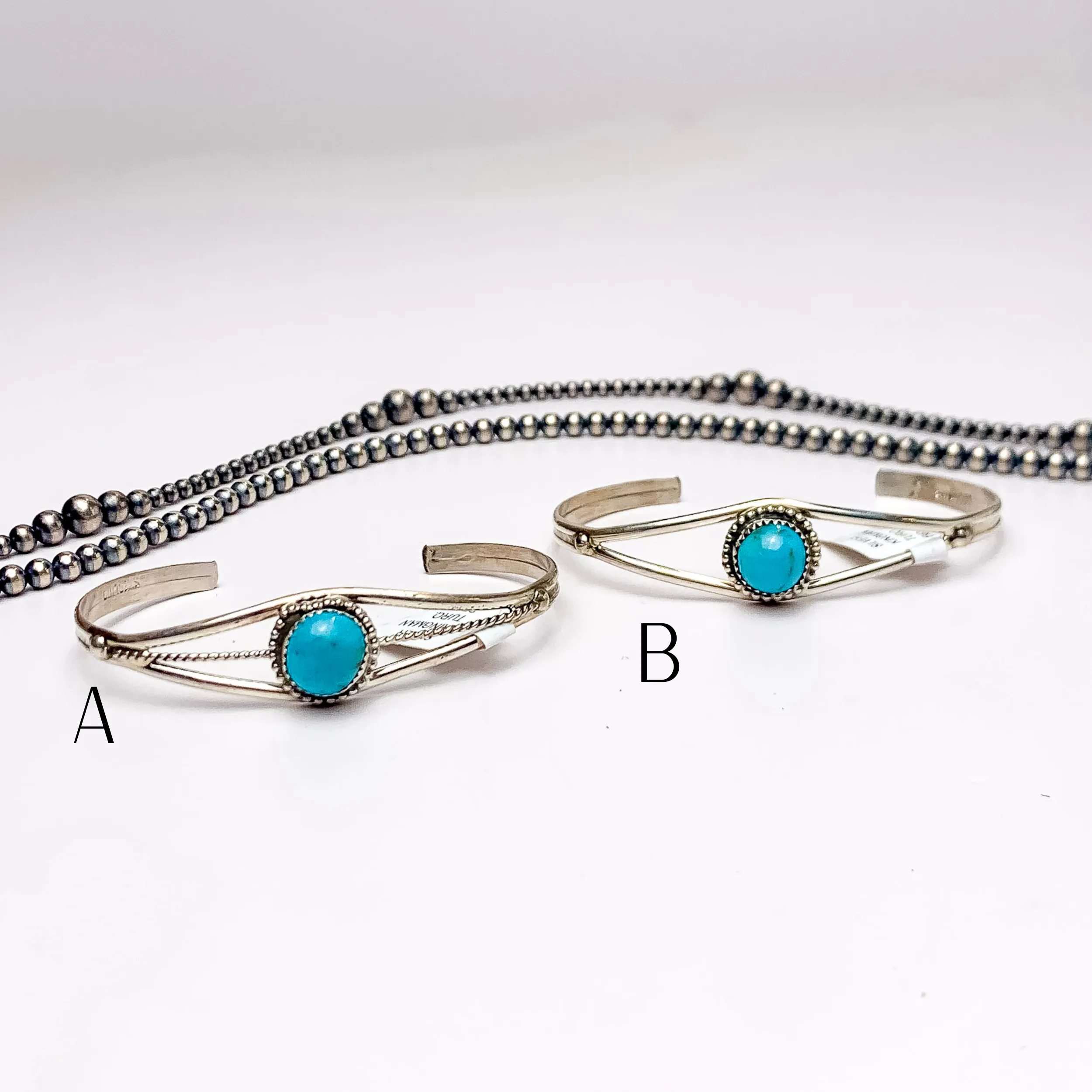 Esther White | Navajo Handmade Detailed Sterling Silver Cuff with Center Turquoise Stone