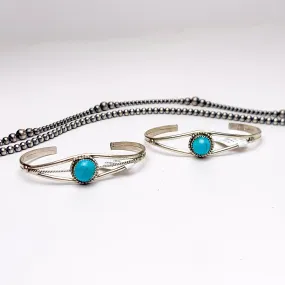 Esther White | Navajo Handmade Detailed Sterling Silver Cuff with Center Turquoise Stone