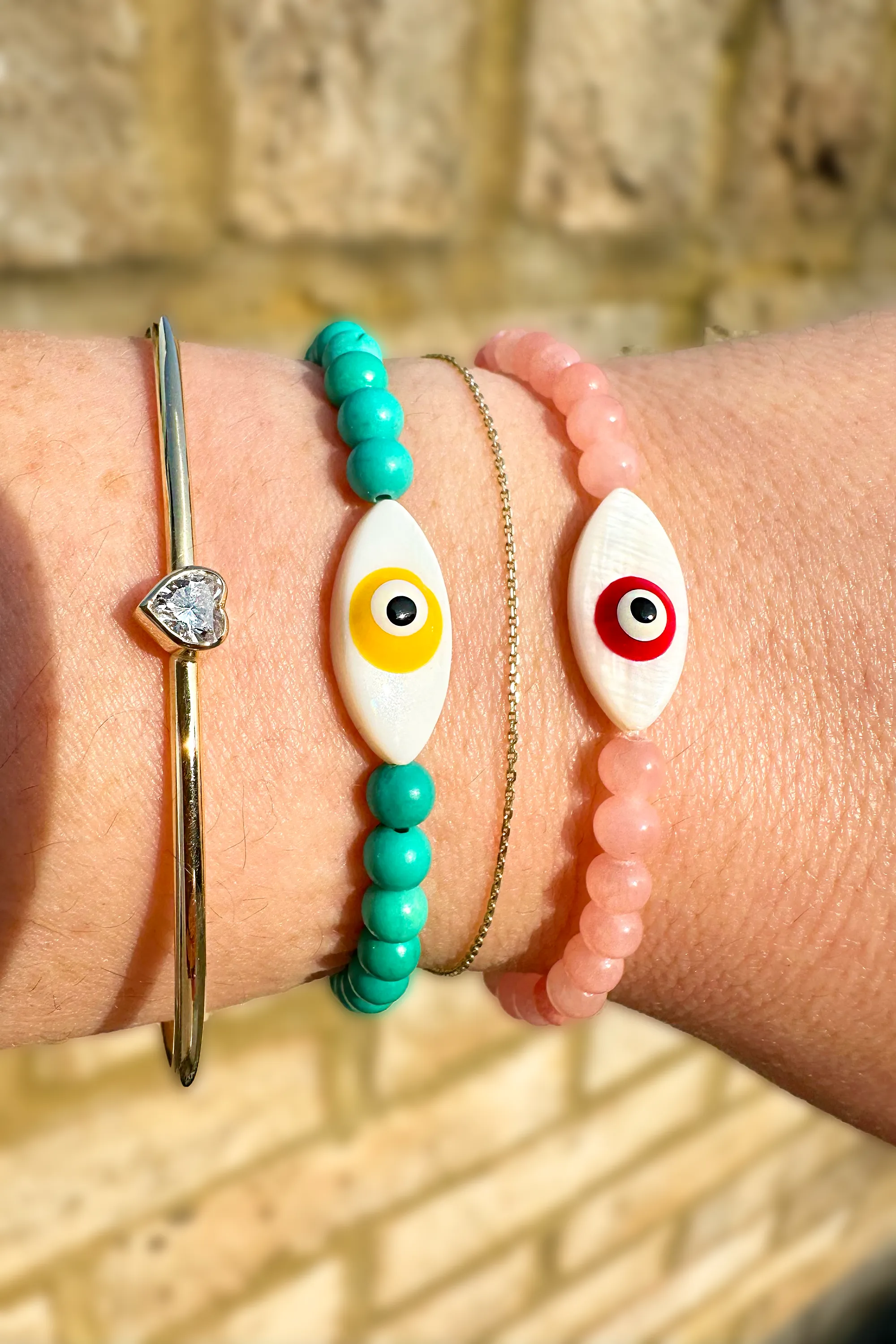 EXPRESS GOOD VIBES EVIL EYE BEADED BRACELET- PINK BEADS AND RED EYE