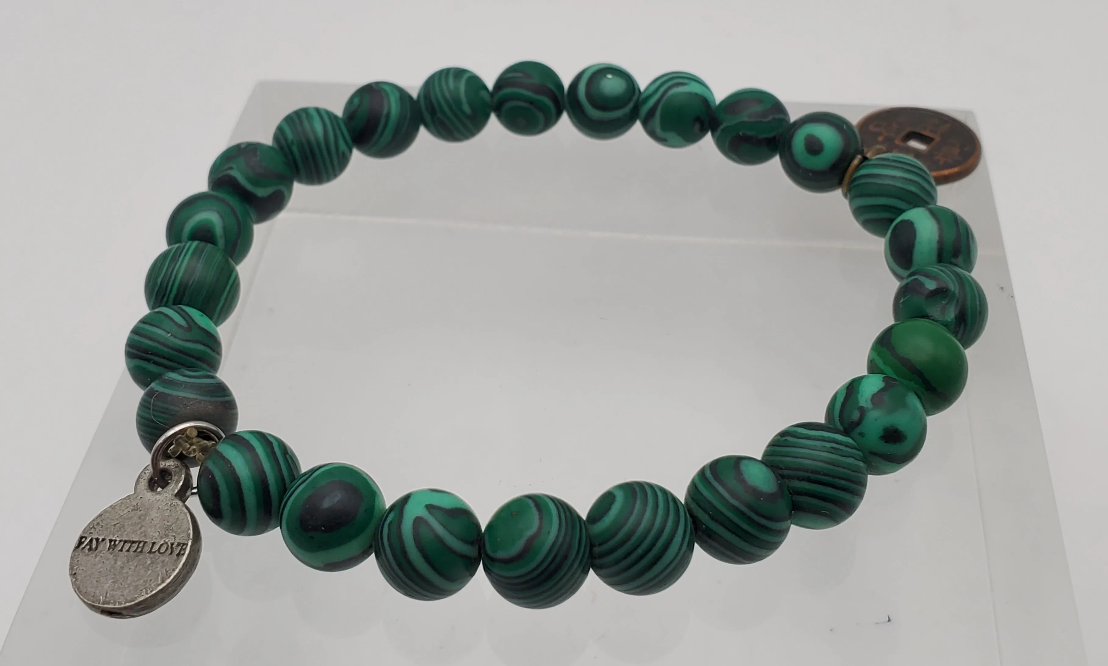 Faux Malachite and Coin Charm Beaded Stretch Bracelet