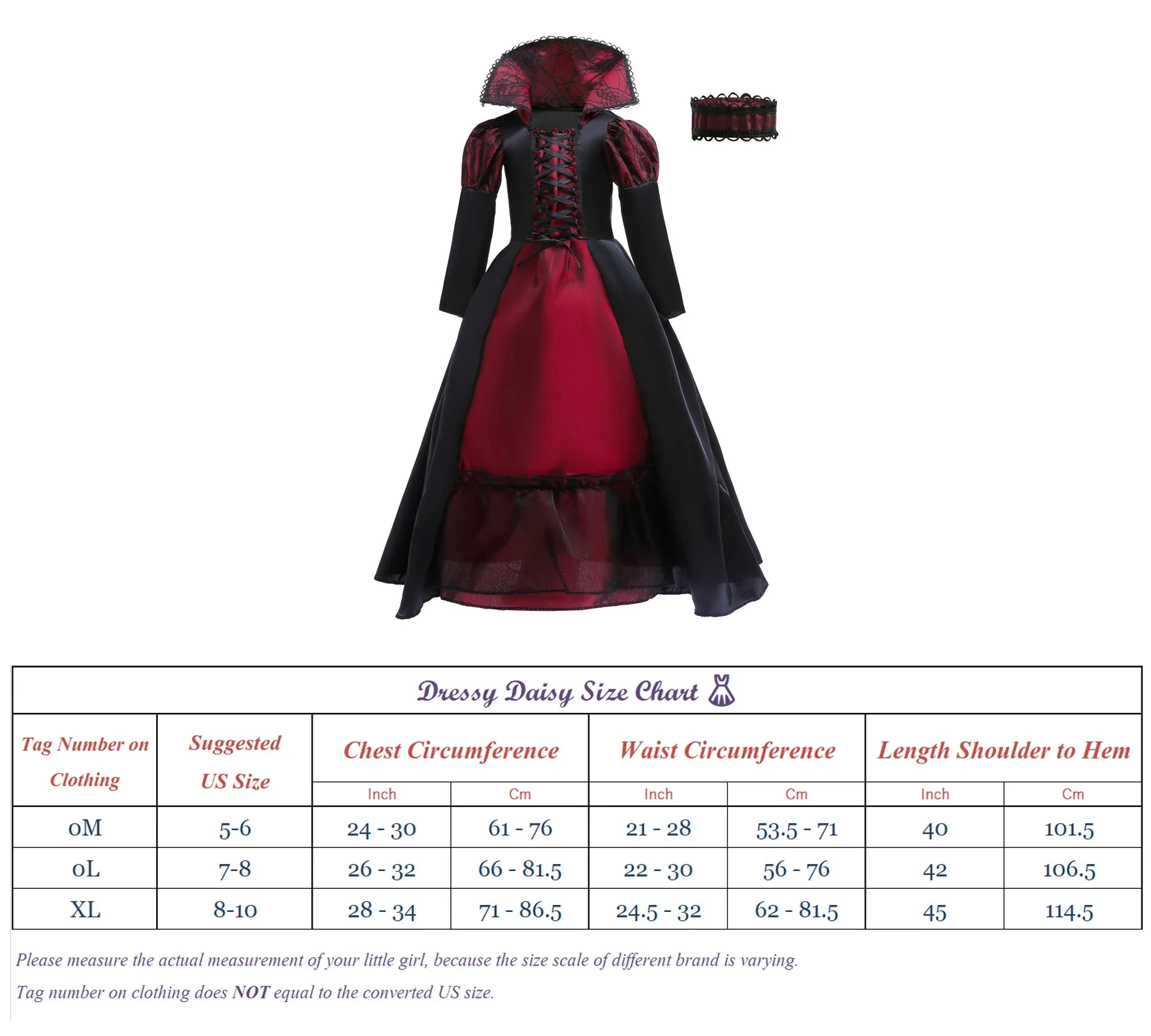 FC355 - Gothic Vampire Queen Halloween Costume Medieval Fancy Dress Up with Choker for Girls