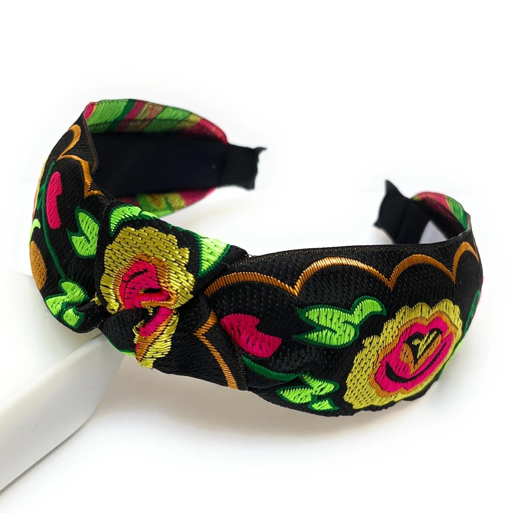 Floral Embroidered Knot Headband (Black)