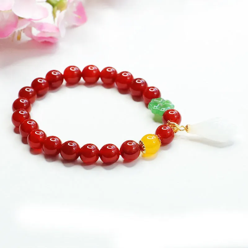 Fortune's Favor Natural Red Agate Bracelet with Magnolia Flower Jade and Chalcedony