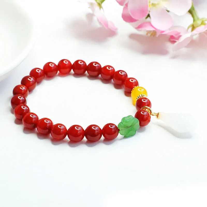 Fortune's Favor Natural Red Agate Bracelet with Magnolia Flower Jade and Chalcedony