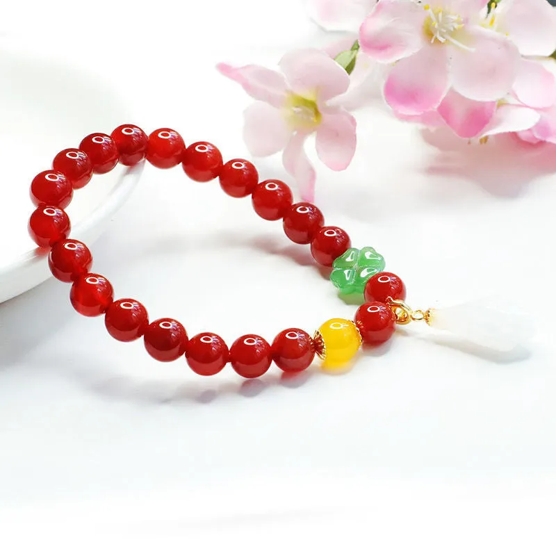 Fortune's Favor Natural Red Agate Bracelet with Magnolia Flower Jade and Chalcedony