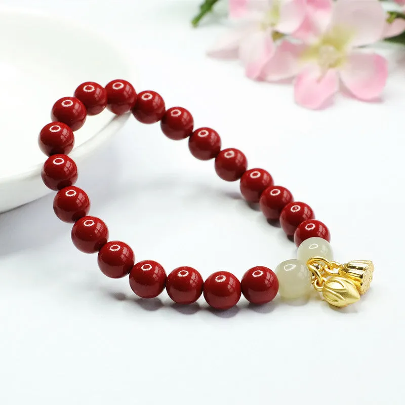 Fortune's Favor Sterling Silver Bracelet with Cinnabar Stone and Hetian Jade