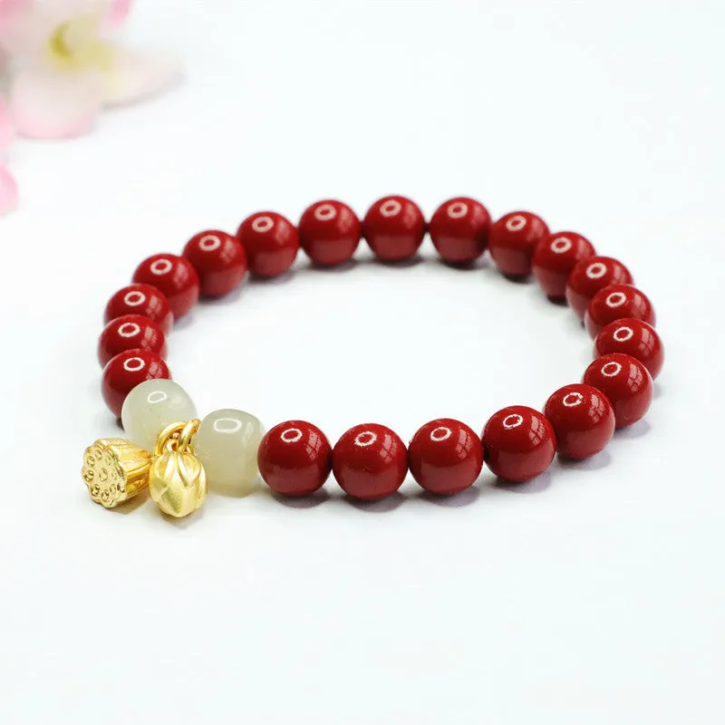 Fortune's Favor Sterling Silver Cinnabar and Hetian Jade Lotus Bracelet