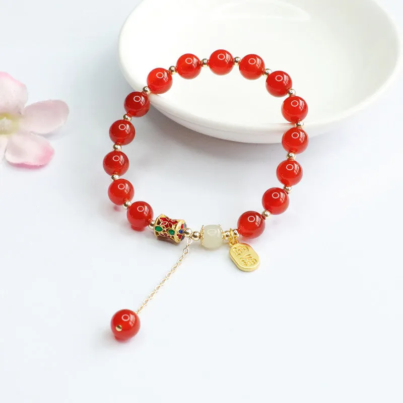 Fortune's Favor Sterling Silver Red Agate and Hetian Jade Tassel Bracelet