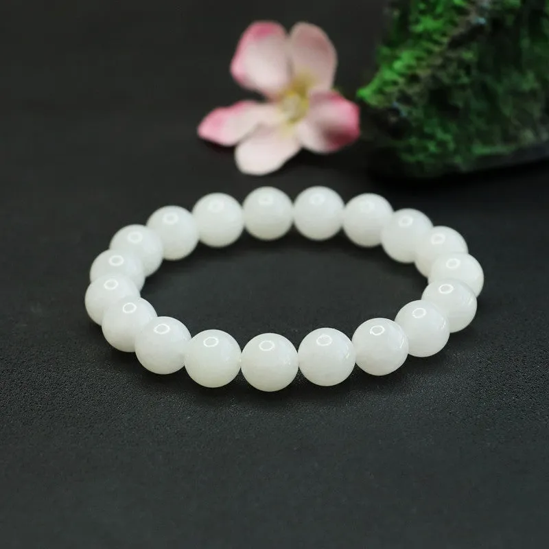 Fortune's Favor Sterling Silver White Jade Bead Bracelet