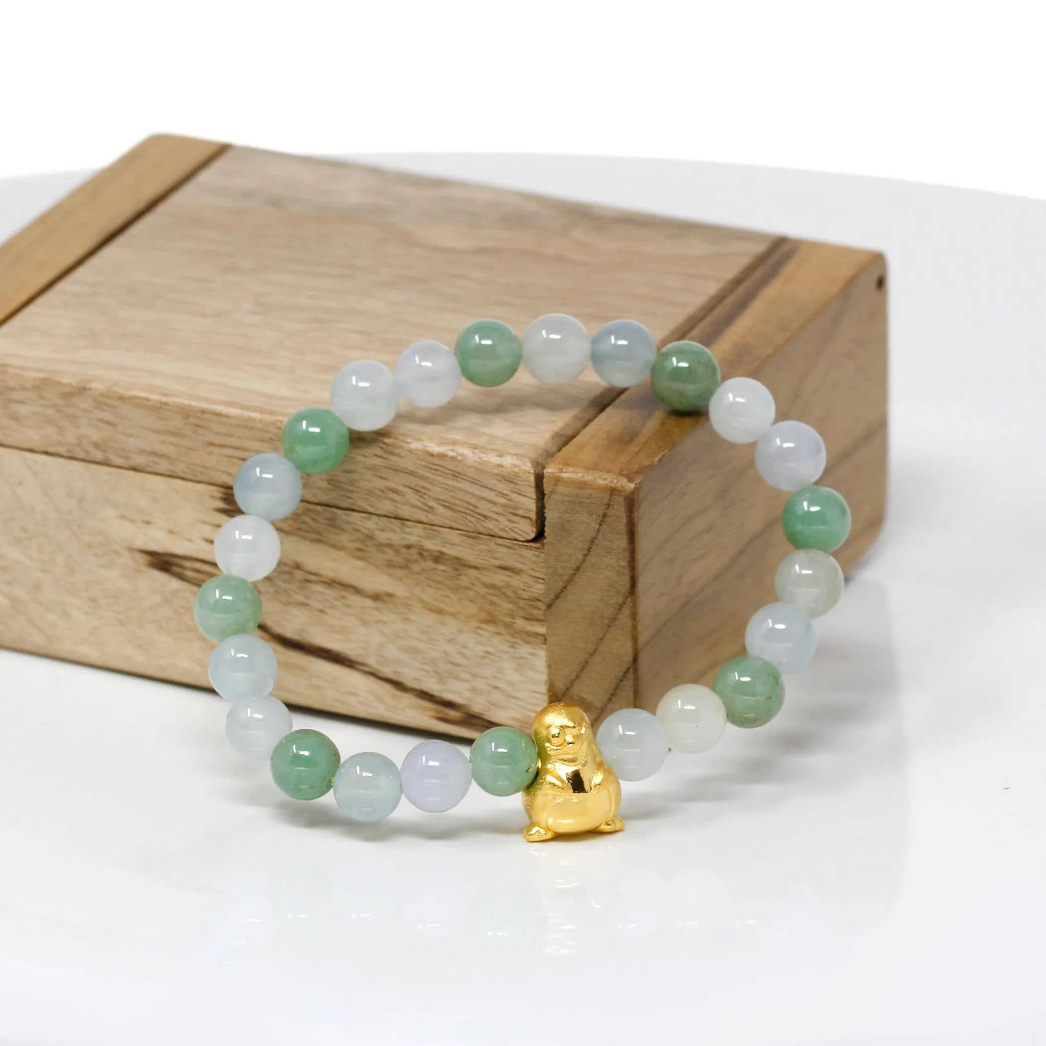 Genuine High-quality Jade Jadeite Bracelet Bangle with 24k Yellow Gold Penguin Charm #410