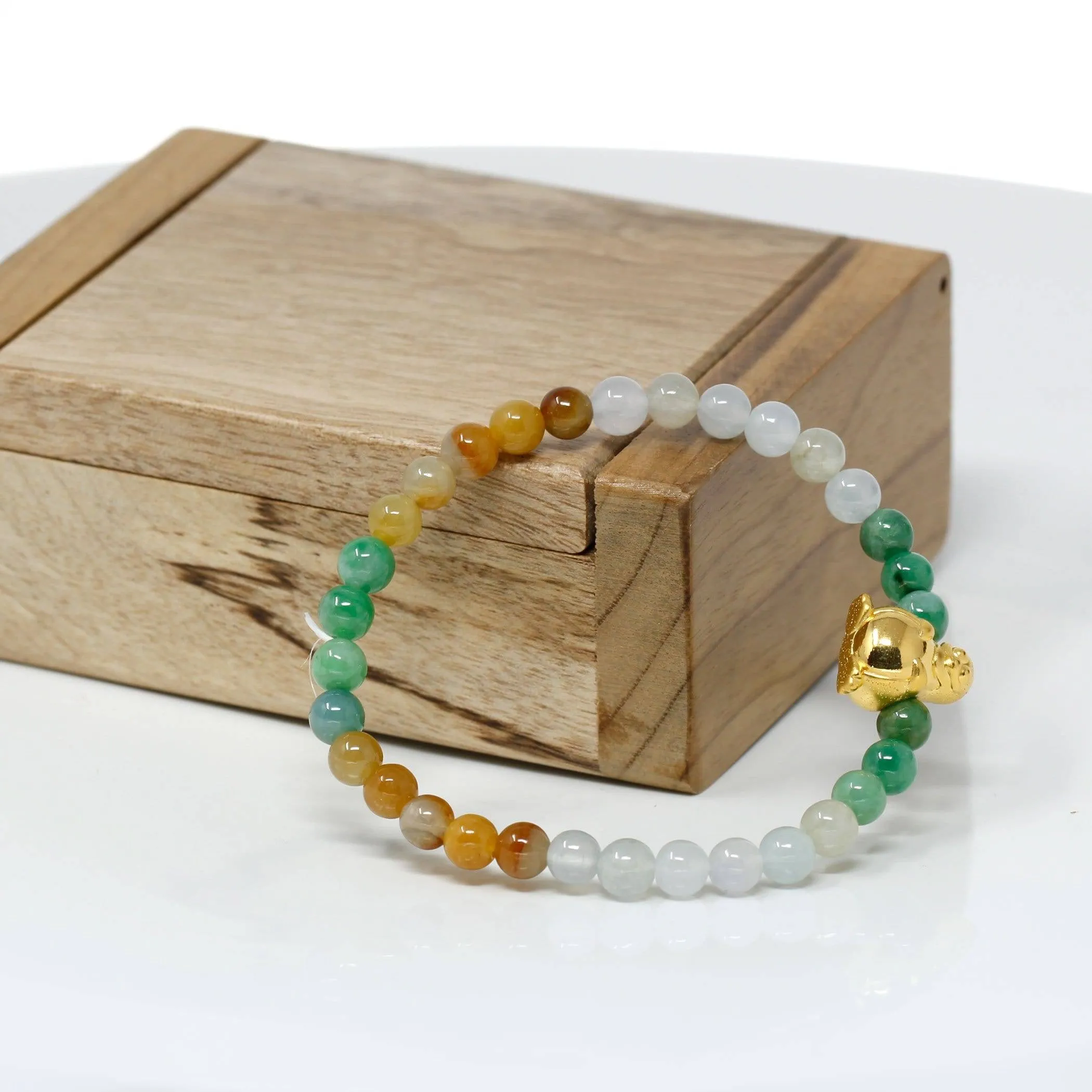 Genuine High-quality Jade Jadeite Bracelet Bangle with 24k Yellow Gold Penguin Charm Colorful  #409