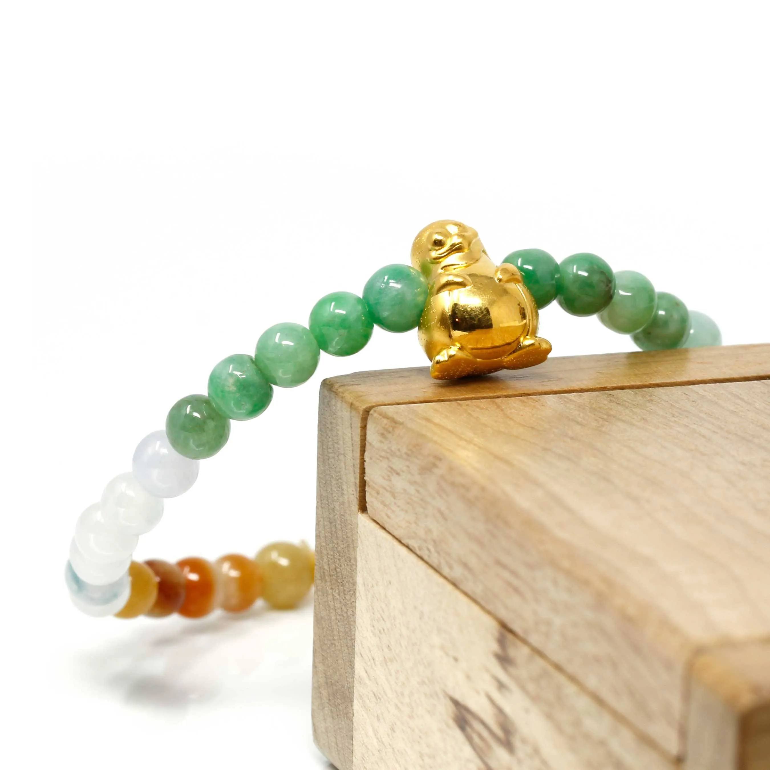 Genuine High-quality Jade Jadeite Bracelet Bangle with 24k Yellow Gold Penguin Charm Colorful  #409