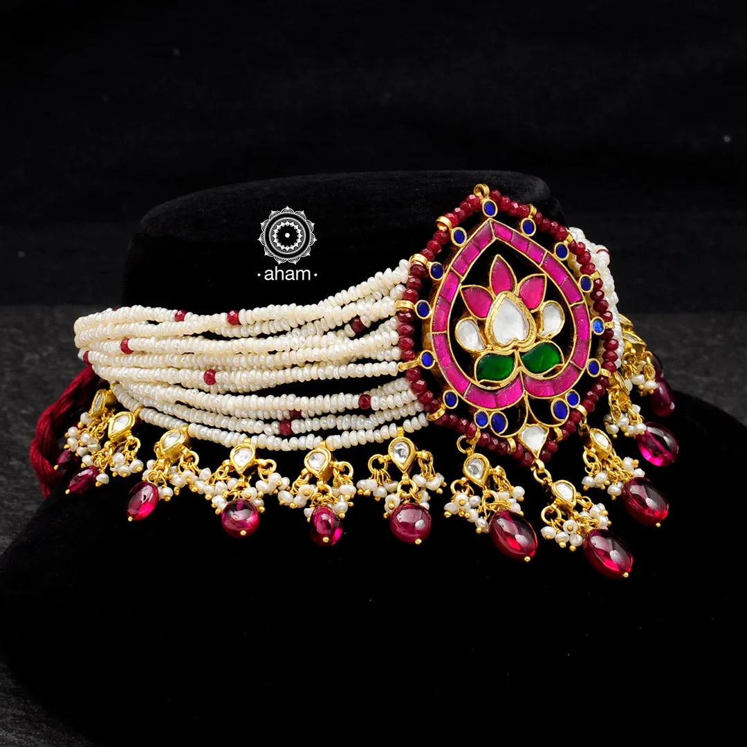 Gold Polish Lotus Semi Precious Stone, Kundan Pearl Choker