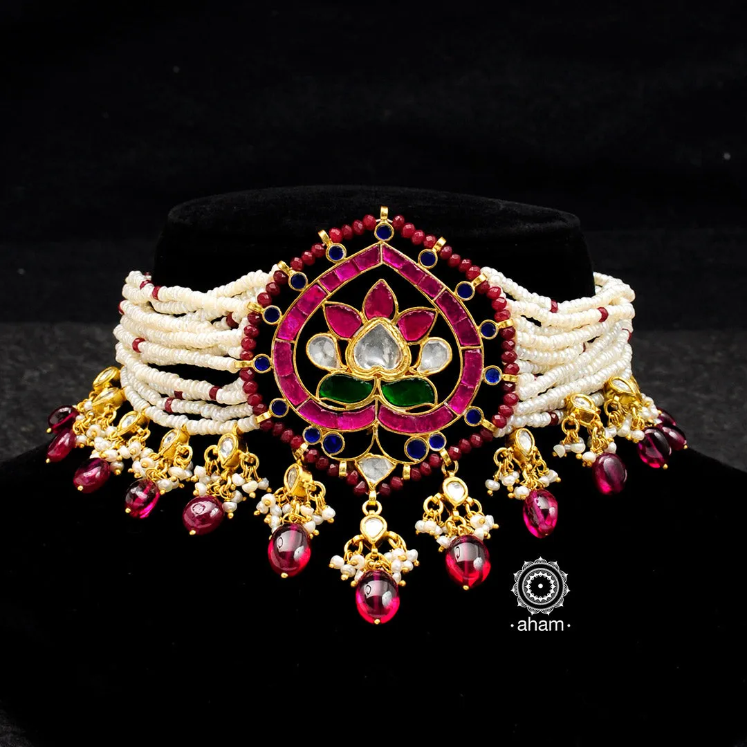 Gold Polish Lotus Semi Precious Stone, Kundan Pearl Choker