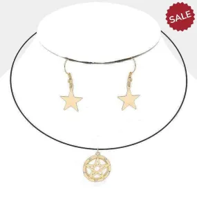 Gold Star Matte Black Wire Choker Necklace & Earring Set