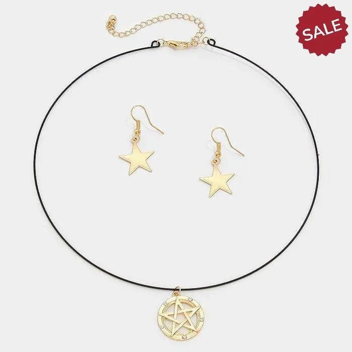 Gold Star Matte Black Wire Choker Necklace & Earring Set