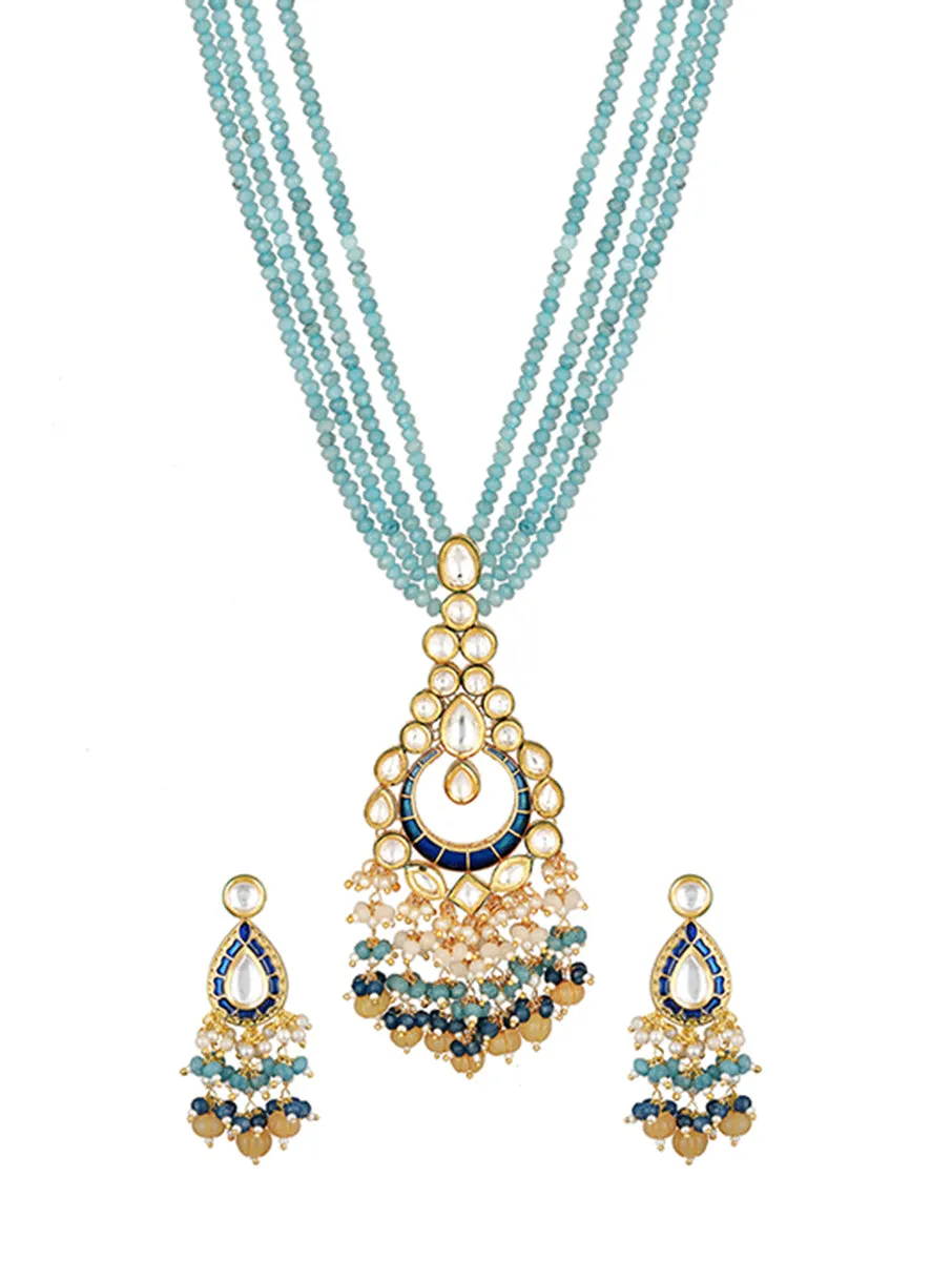 Golden and Royal Blue Hand-paint meena, Kundan Polki Necklace Set