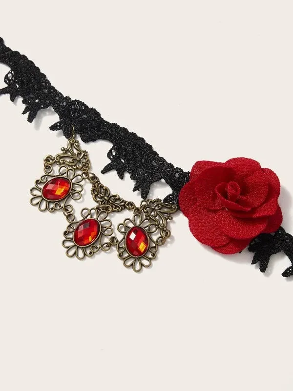 Gothic Romance Victorian Inspired Red Rose Black Lace Choker Necklace