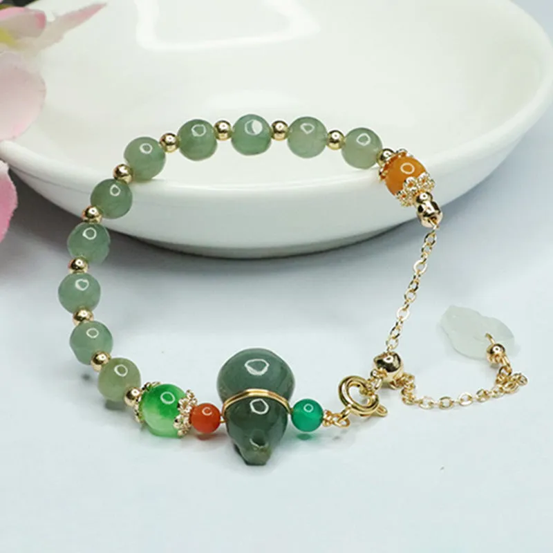 Green Gourd Leaf Jade Stone Sterling Silver Bracelet