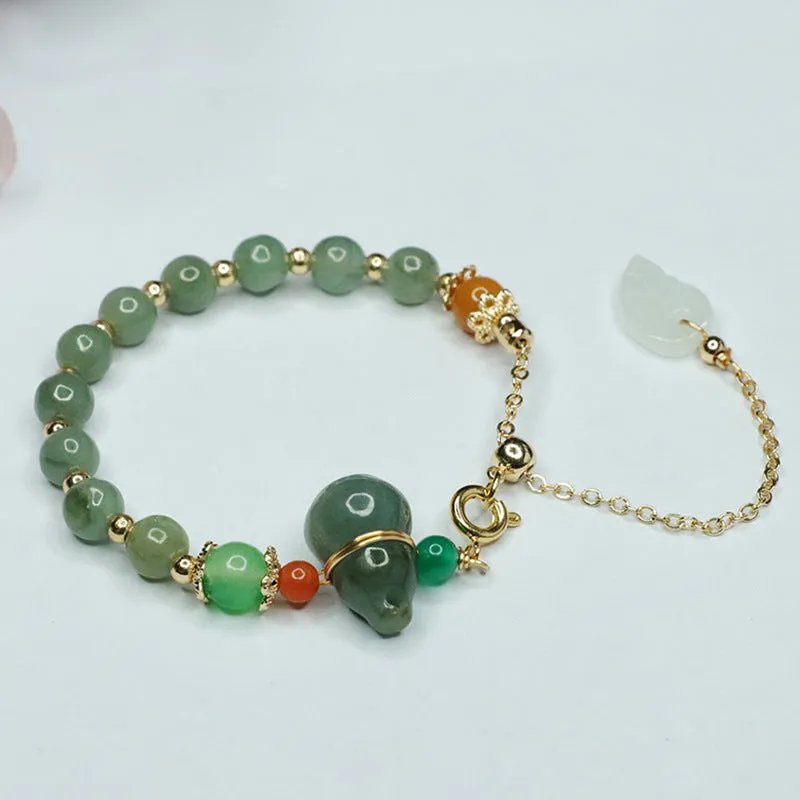 Green Gourd Leaf Jade Stone Sterling Silver Bracelet