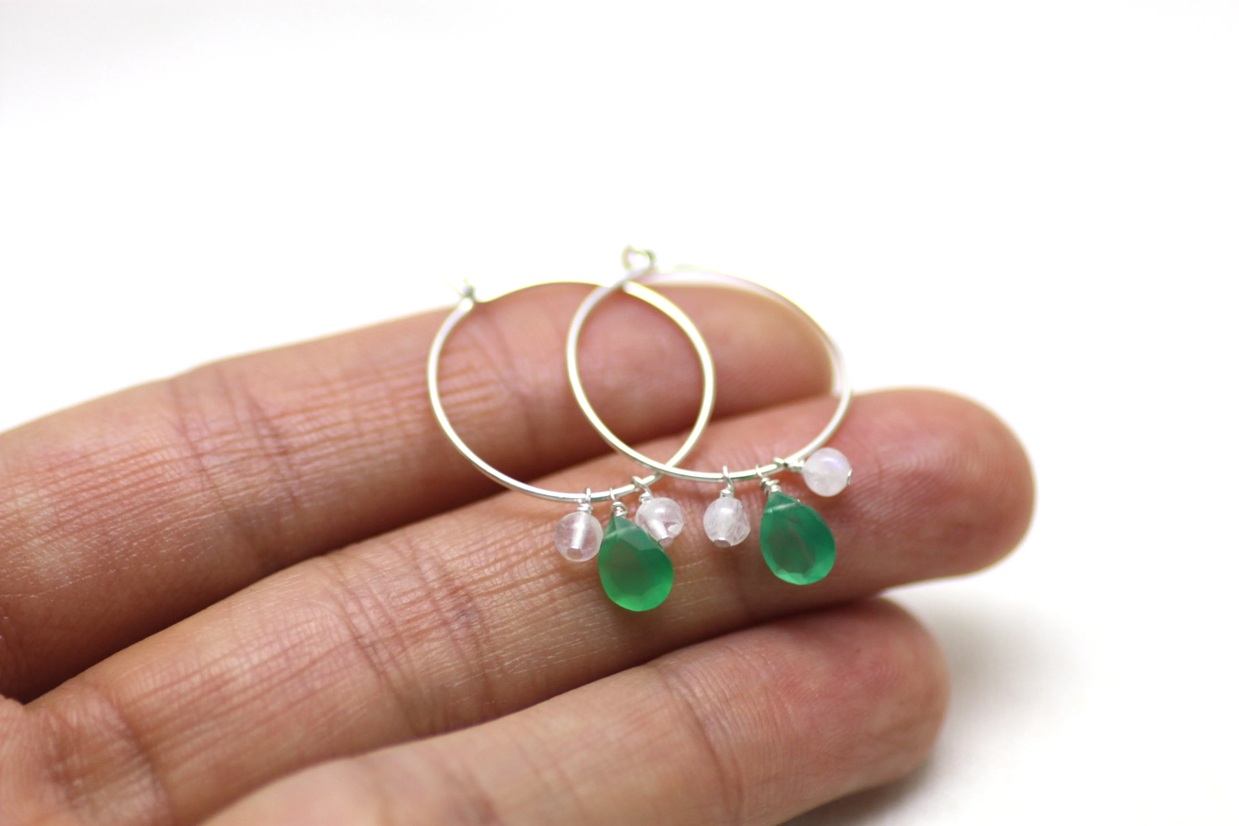 Green Onyx and Moonstone Hoop Earrings in Silver