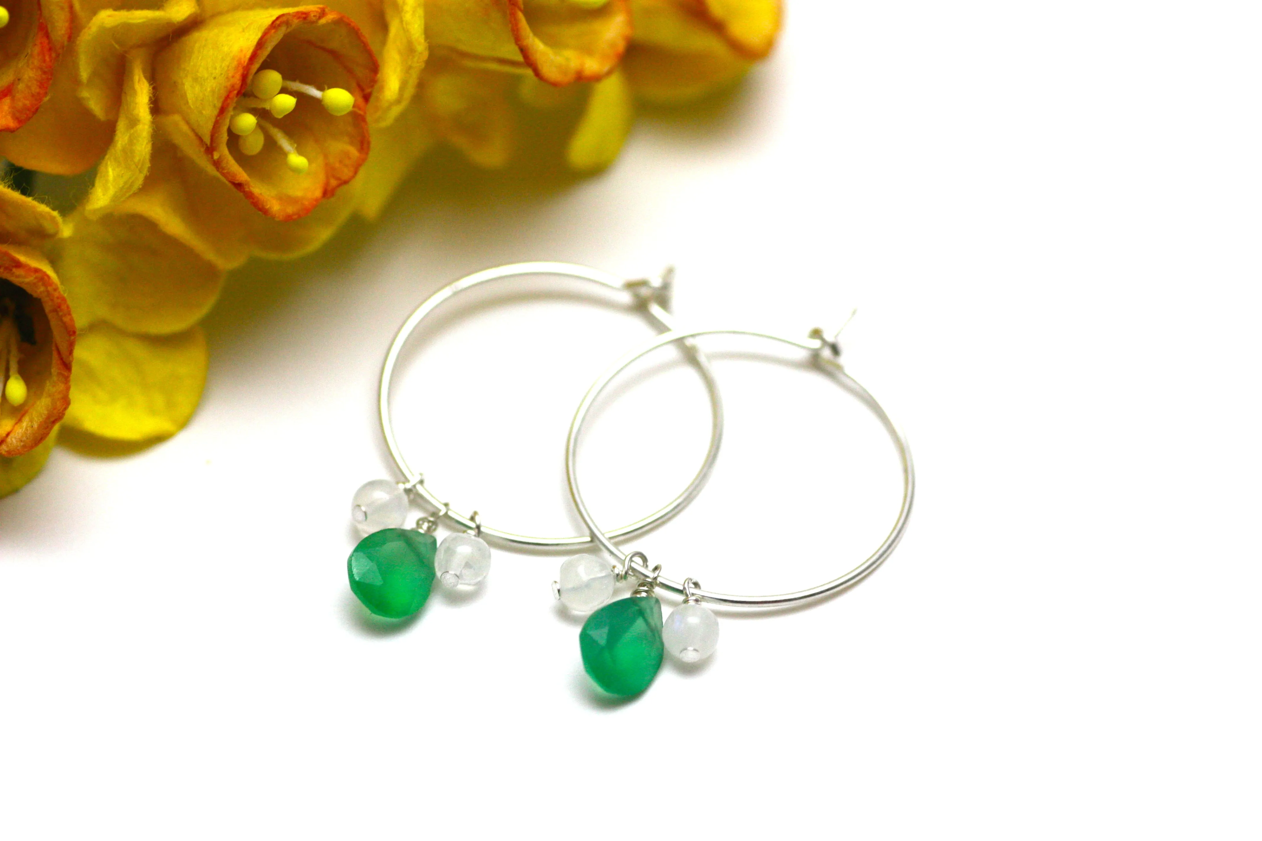 Green Onyx and Moonstone Hoop Earrings in Silver