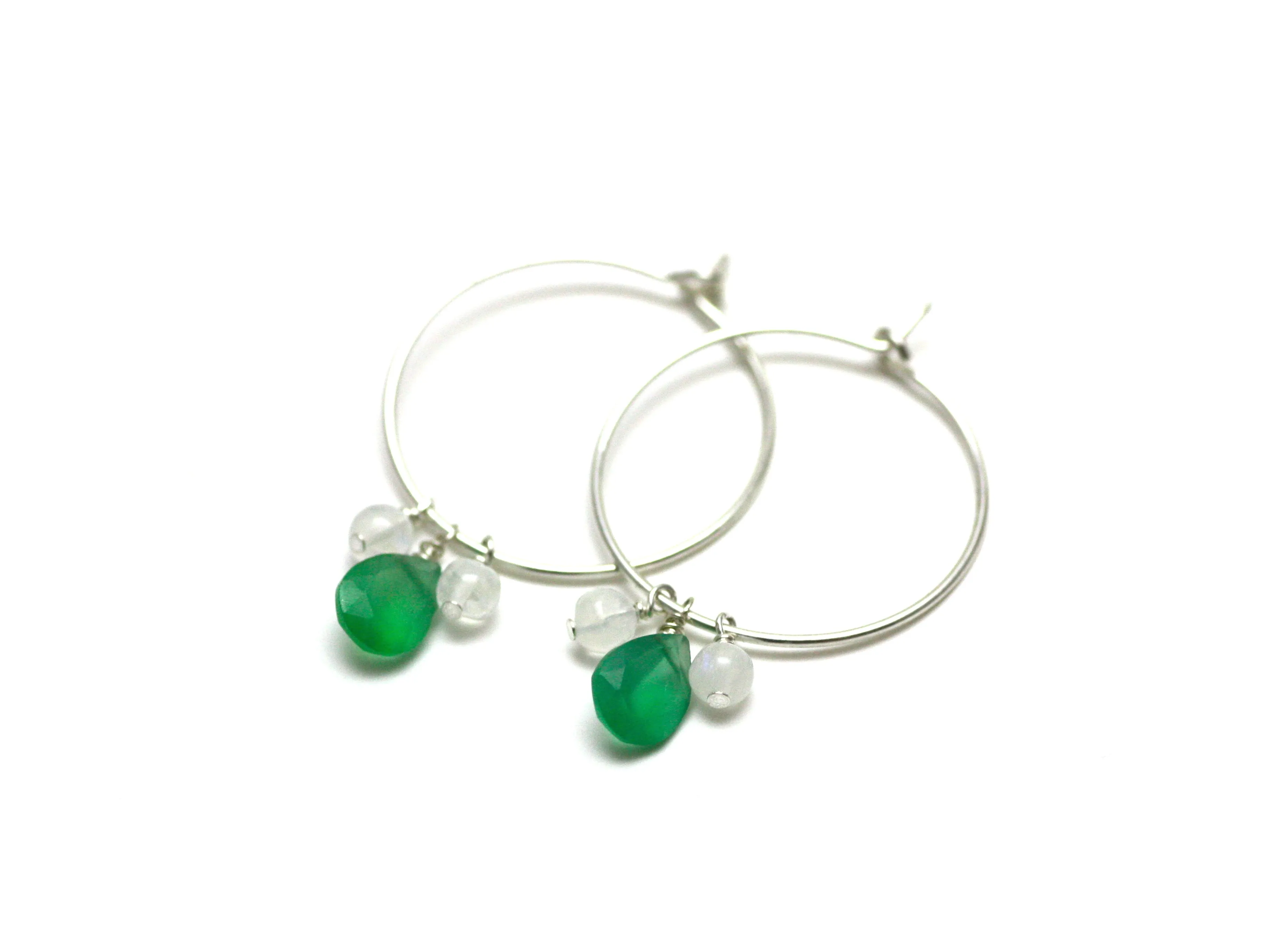 Green Onyx and Moonstone Hoop Earrings in Silver