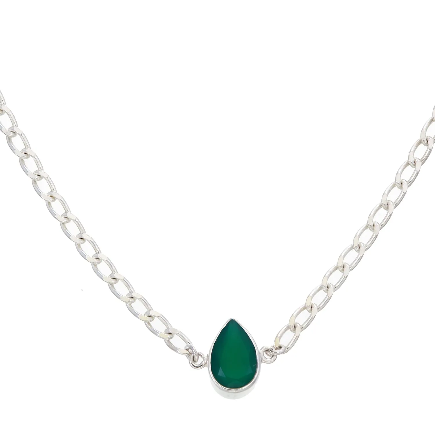 GREEN ONYX TEARDROP SHORT NECKLACE - SILVER