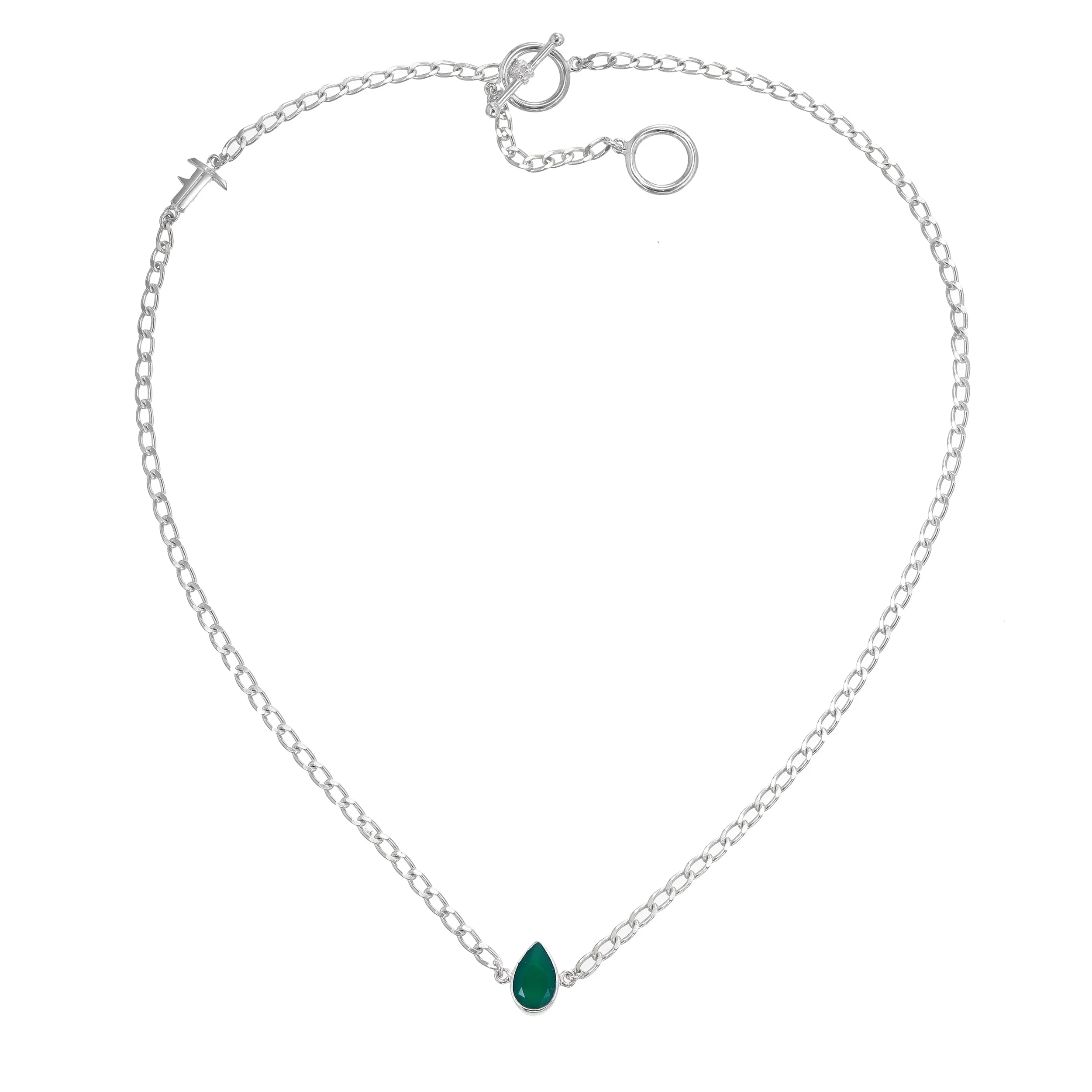 GREEN ONYX TEARDROP SHORT NECKLACE - SILVER