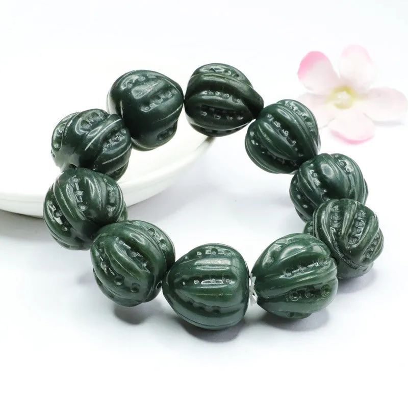 Green Walnut Jade Bracelet with Sterling Silver Needle