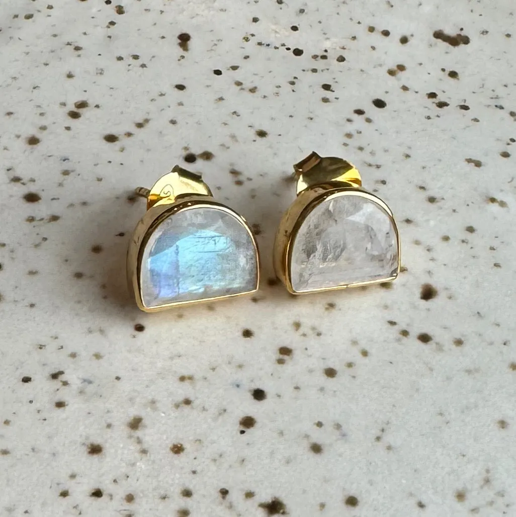 Half Moon Gemstone Stud Earrings: Moonstone