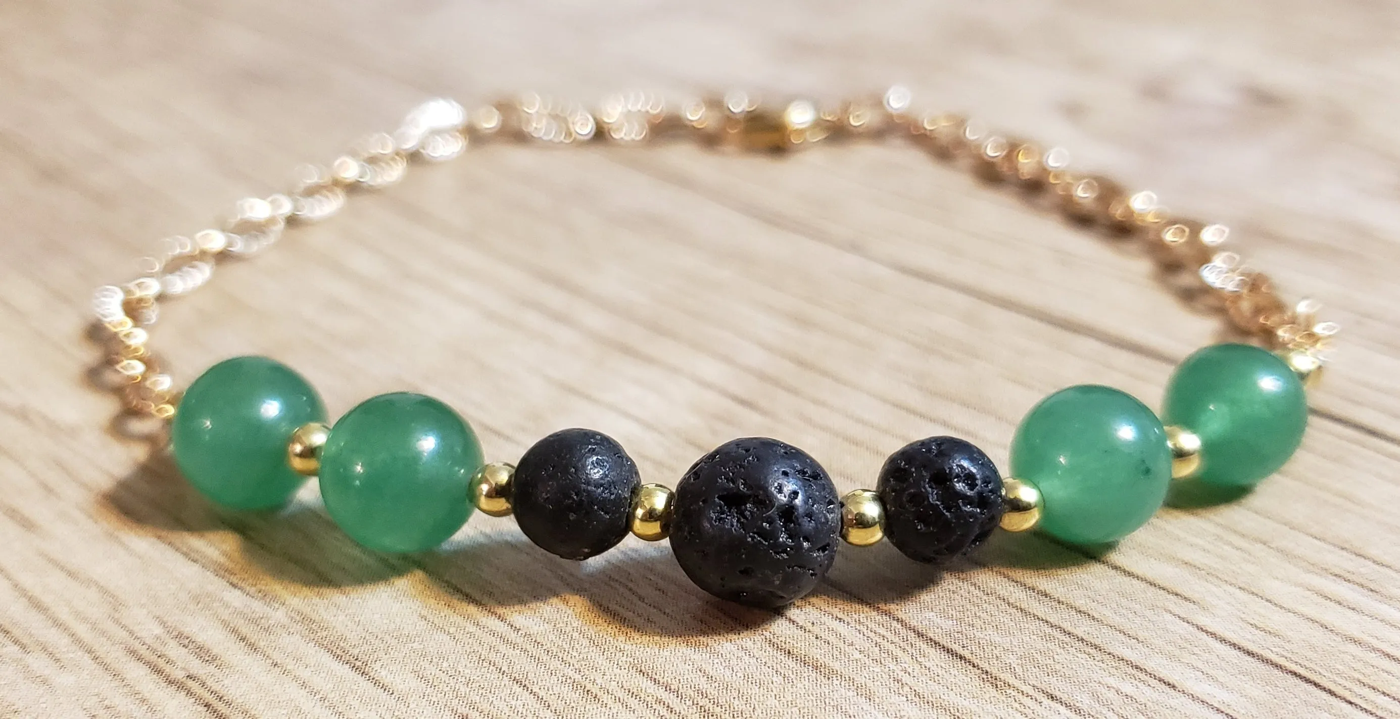 Hand Crafted 8mm Adventurine Rounds & Gold Tone Chain Bracelet with Lava Rocks. Non Tarnish & Fully Adjustable to 8.5" with Lobster Claw Clasp