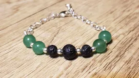 Hand Crafted 8mm Adventurine Rounds & Non Tarnish Chain Bracelet with Lava Rocks. Non Tarnish & Fully Adjustable to 8.5" with Lobster Claw Clasp