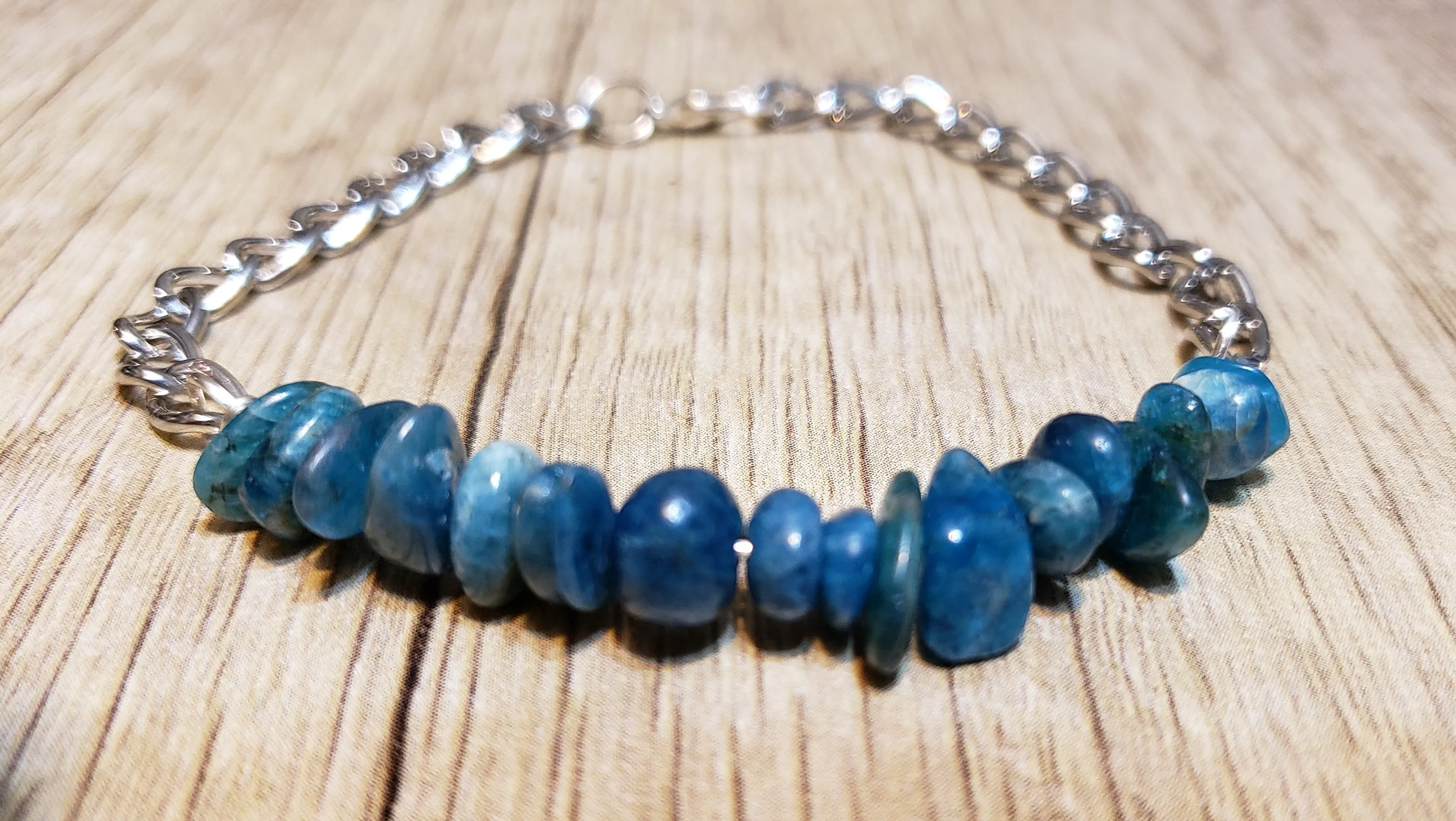 Hand Crafted All Natural Apatite Gemstone & Chain Adjustable to 8" Bracelet with Lobster Claw Clasp