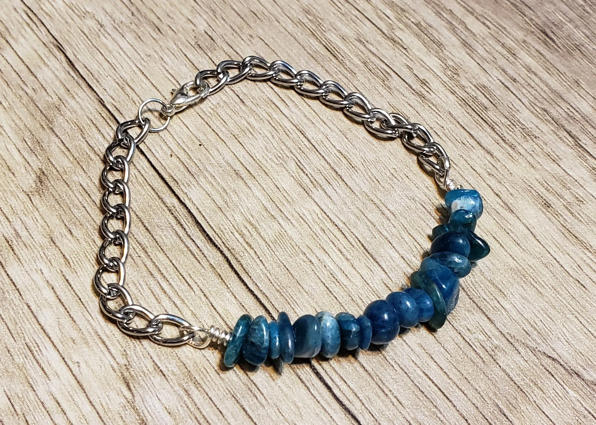 Hand Crafted All Natural Apatite Gemstone & Chain Adjustable to 8" Bracelet with Lobster Claw Clasp