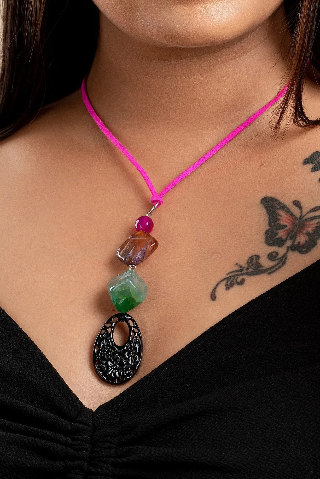 Handcrafted Agate Onyx Necklace with Pink Suede Cord - Lightweight Stylish Neckpiece for Women