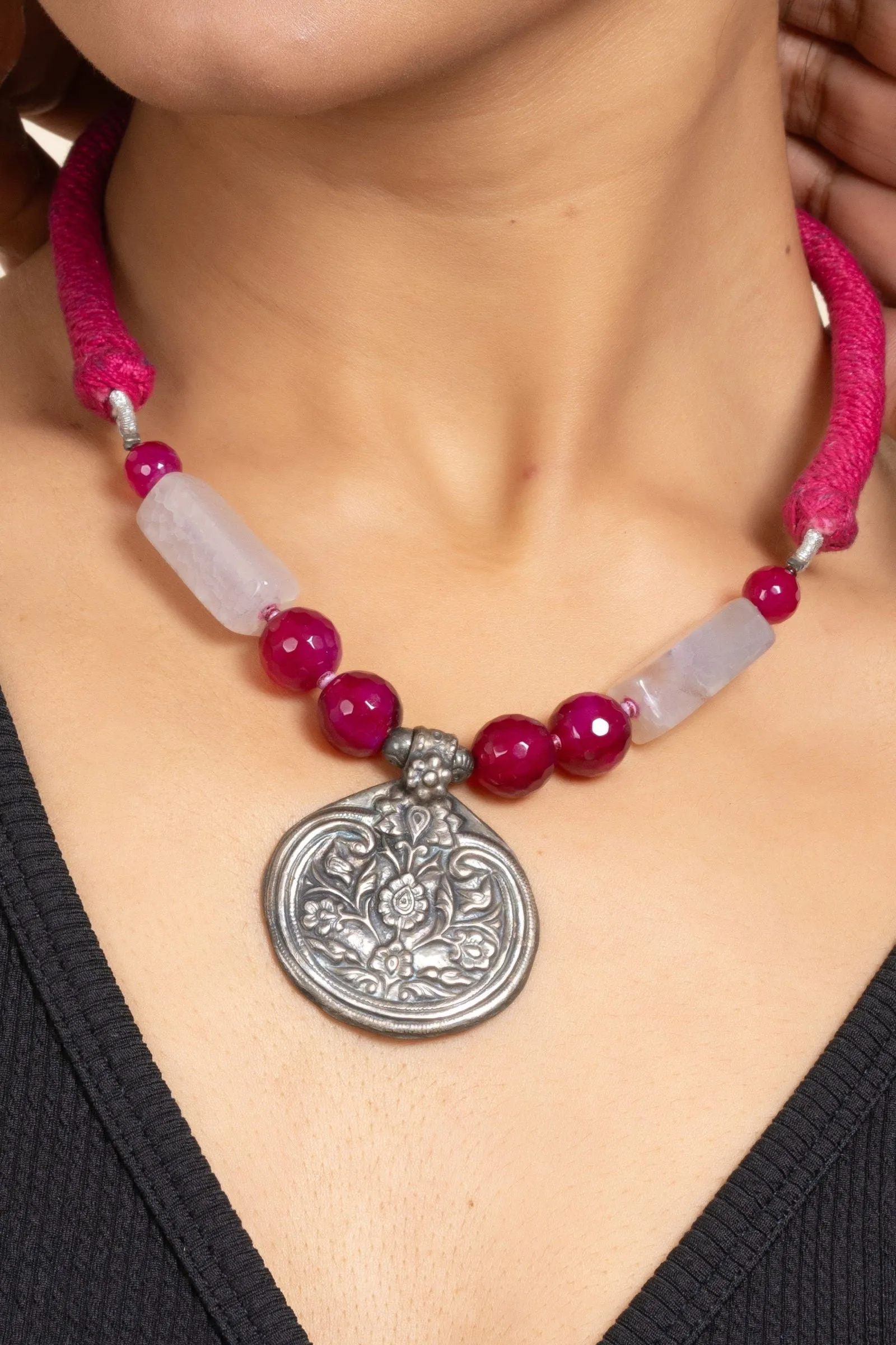 Handcrafted Silver Jewelry: 92.5 Pure Silver Floral Pendant Necklace with Pink Onyx & Purple Agate